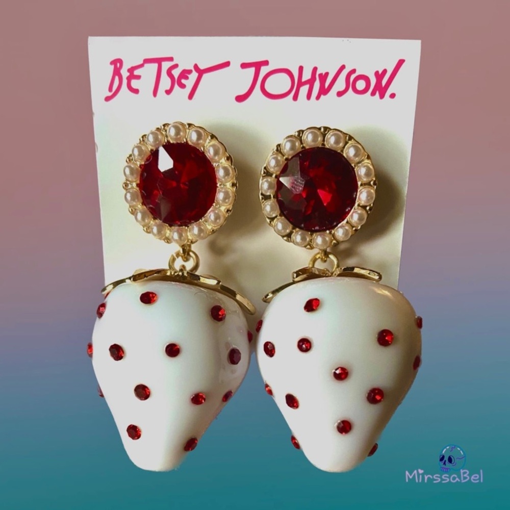 Betsey Johnson White Strawberry Red Crystal Faux Pearl Drop Earrings